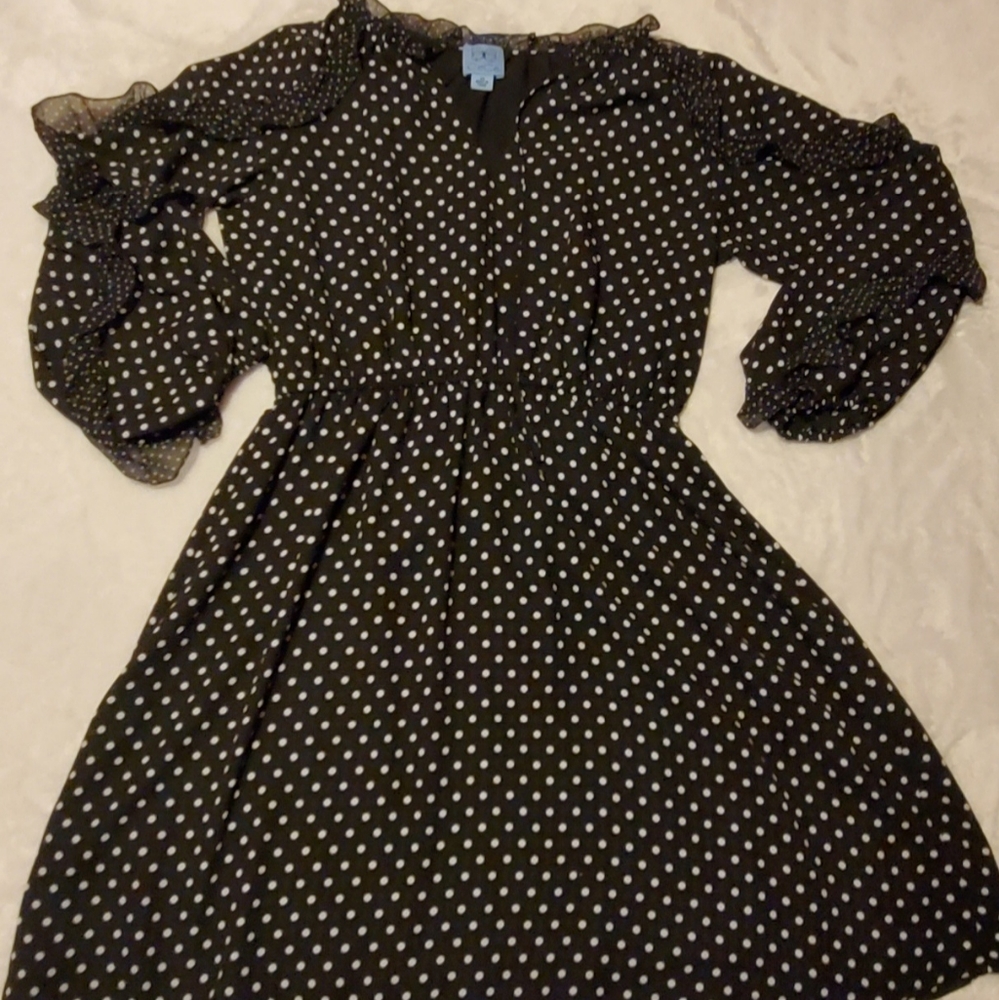 Long Sleeve Cascade Ruffle Dot Dress